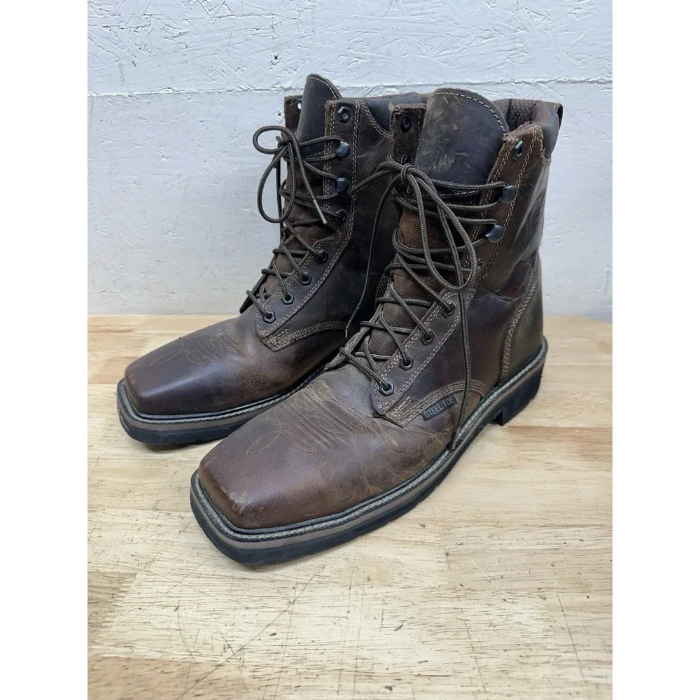 Justin Work Boots Steel Toe WK682 Brown Leather Size 11 D Square Toe